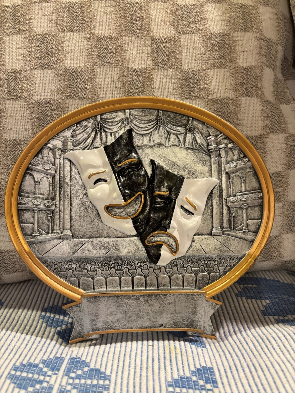 Theater Comedy & Tragedy Mask Plaque in Black, White & Gold